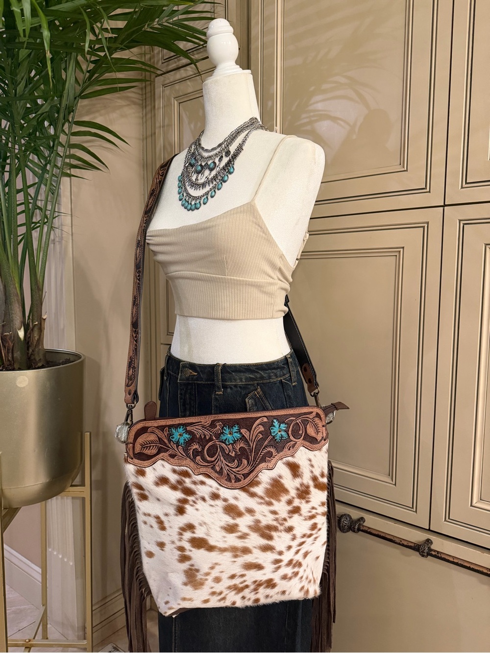 NEW WESTERN GENUINE COWHIDE TOOLED LEATHER HAIR ON Fringe Crossbody Bag Handbag